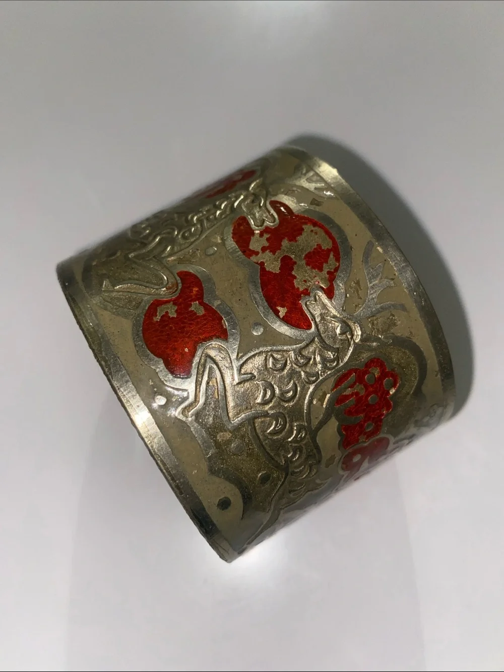 Wide Metal Cuff Bracelet with Red Enamel Accents